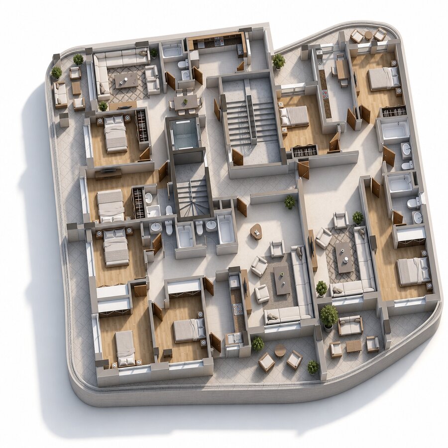 Plan 3D — plateau d'étage courant