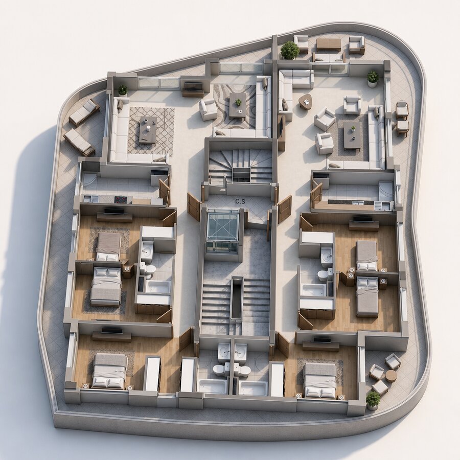 Plan 3D — palier de deux appartements